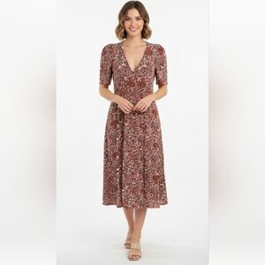 An'ge mabela puff sleeves viscose V Neck Floral dress red brown small